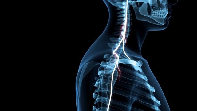 Human upper torso displays highlighted spinal nerves and shoulder anatomy on black background