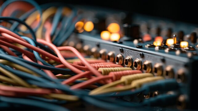 Colorful patch cables plugged into a modular synthesizer patchbay in a dark studio environment