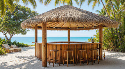 Fototapeta premium Tropical Wooden Tiki Beach Bar with Thatched Roof and Stools on White Sand Overlooking Turquoise Ocean at Luxury Island Resort
