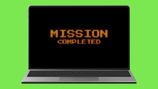 A stylish laptop screen proudly declares 'MISSION COMPLETED' in a pixel art style, symbolizing achievement, digital success, and task accomplishment after reaching a goal