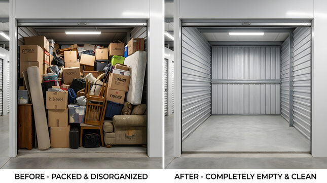Before and after self storage unit organization | Decluttering home belongings in rental locker | Empty vs full storage space comparison | Professional moving and storage solutions