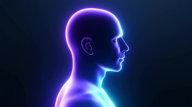 Human head and shoulders facing right with blue purple neon lighting on dark background