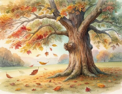 A majestic, old oak in autumn with a strong, gnarled trunk and wide branches, while numerous colourful autumn leaves fall gently to the ground.