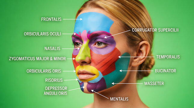 Woman with labeled facial muscle diagram, front view