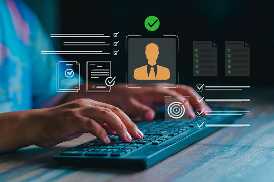 Businessman typing on keyboard with candidate profile, target bullseye, and certified document checklist overlays for HR hiring