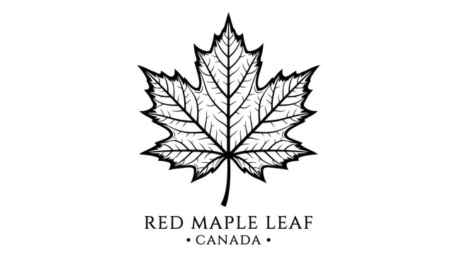 Very beautiful black and white vector of a detailed maple leaf symbolizing Canada and autumn, natural veins and elegant botanical outline, RED MAPLE LEAF &bull; CANADA, isolated on white background, no gra