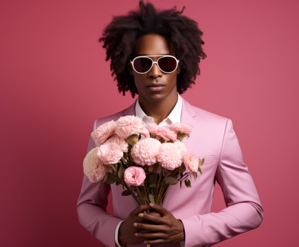 Confident man in pink suit holding bouquet of flowers against vibrant pink backdrop exuding style and elegance