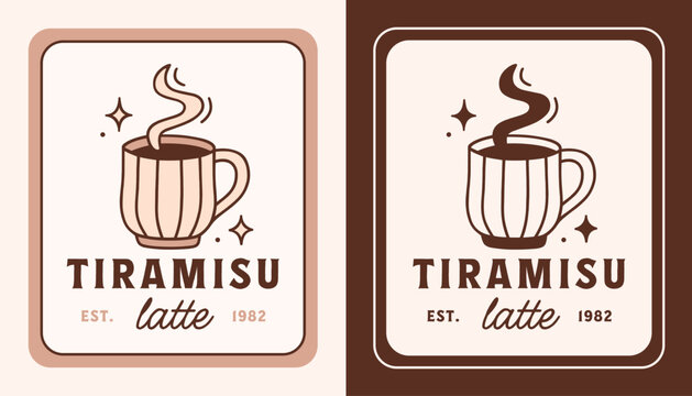 Tiramisu latte label logo for specialty coffee with cocoa mascarpone cream bakery flavor tag sticker packaging design. Hot milk foam drink mug homemade aesthetic warm cup drawing cozy fall cafe print.