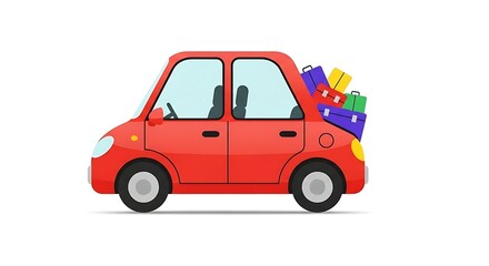 Fototapeta premium Red Cartoon car trunk packed with colorful luggage for travel