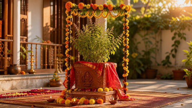 Decorated Tulsi plant for traditional Tulsi Vivah celebration