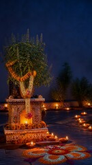 Fototapeta premium Vertical Tulsi Vivah altar decorated with flowers at golden hour