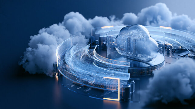 Futuristic transparent cloud core enclosed by adaptive shields representing cloud security cyber attack prevention protected infrastructure secure computing and data protection