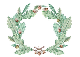 Fototapeta premium An oval wreath of oak leaves and acorns. Suitable for creating greeting cards, seasonal decor, themed websites, and label designs for natural cosmetics and bath accessories.
