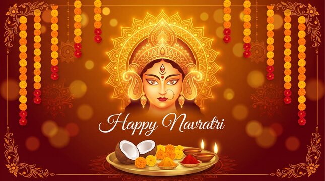 Happy Navratri greeting card with Goddess Durga face, glowing diyas, floral garlands and festive puja background