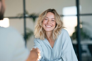 Fototapeta premium Laughing woman shaking hands in light office for corporate banner and hiring background showing positive interview and rapport