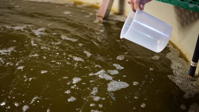 Hand pouring murky water from clear plastic beaker into large tank.