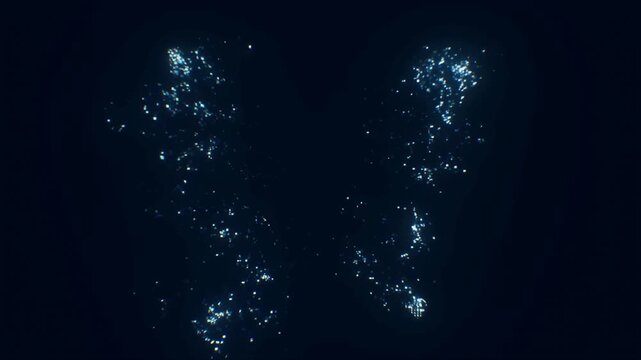 Glowing butterfly silhouette displayed as a blue dotted light symbol on dark background