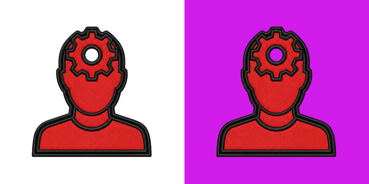 Embroidered red human head icon with inner gear cog graphic