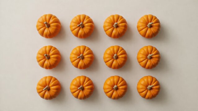 Minimal pattern of orange pumpkins arranged in rows on a clean neutral background