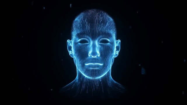 Glowing digital human face rendered in blue lines against a dark futuristic background