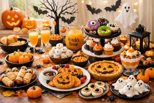 Festive Halloween party table filled with colorful spooky treats pumpkins and decorations