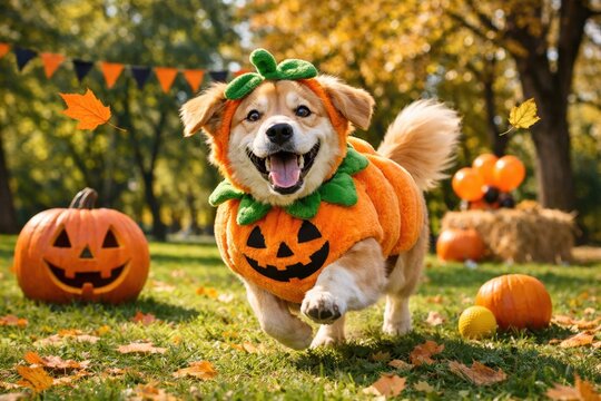 Happy dog wearing pumpkin costume running through an autumn park for Halloween celebration