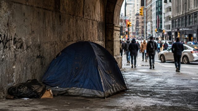 Homeless tent under urban bridge highlighting poverty housing insecurity and social inequality crisis