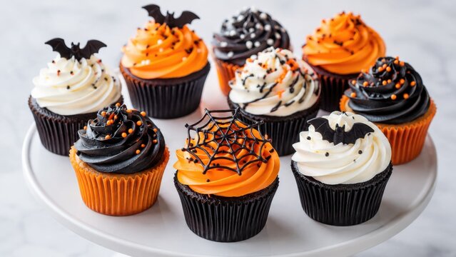 Halloween cupcakes with orange black frosting and spooky decorations on serving plate
