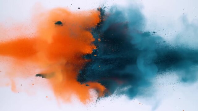 Orange and blue powder clouds burst outward across a white background with scattered pigment