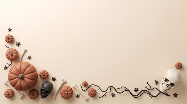 Halloween flat lay with pumpkins, human skulls, and bones on a light beige background, for a spooky, and festive seasonal, holiday display