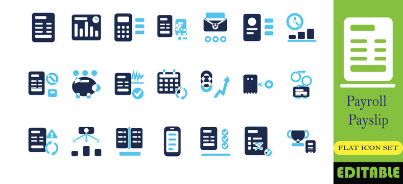 Payroll and payslip processing icon set. Gross to net calculation, timesheet hours, statutory deduction and salary disbursement solid glyph vector symbols