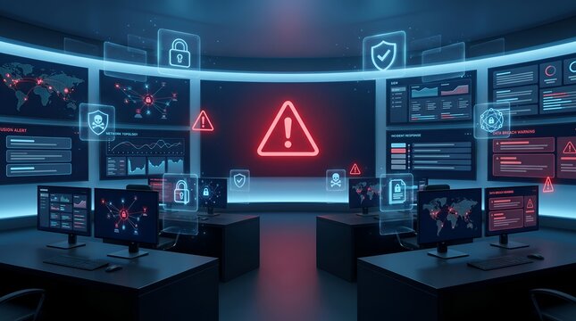 Cyber attack incident response control room featuring glowing red security alerts and network monitoring dashboards