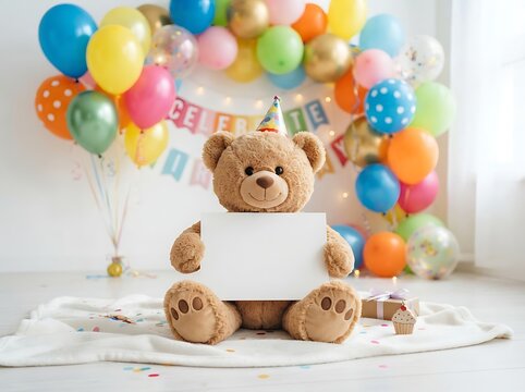 Cute teddy bear wearing a party hat holding a blank white sign for copy space with colorful balloons and birthday decorations in the background