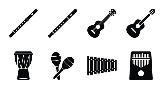 Musical Instruments Icons Set: Flutes, Guitars, Drums, Maracas, Kalimba, Xylophone Vector Graphics