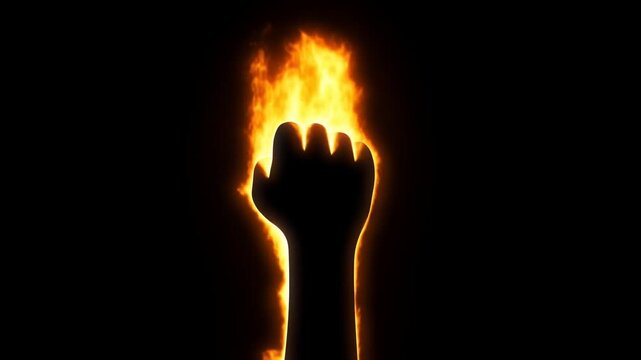 Clenched fist silhouette ignites with rising flames against a black background