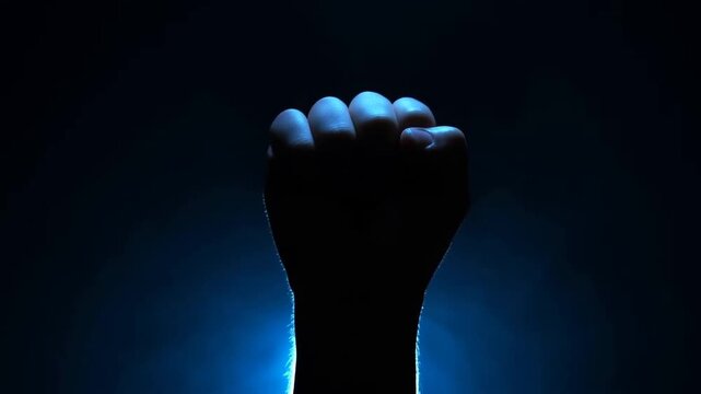 Clenched human fist held upright in dark blue backlit setting symbolizing strength and defiance