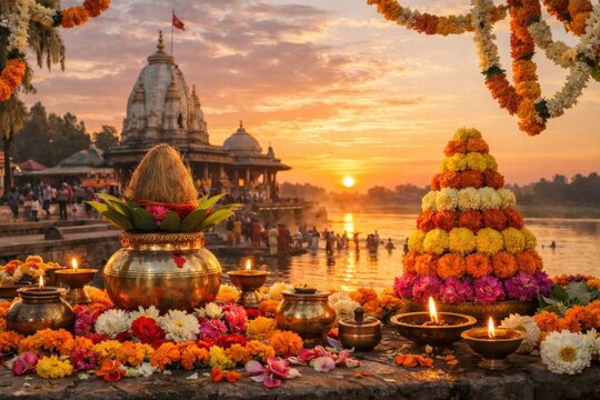 Traditional Hindu festival altar with floral offerings and sacred river temple at colorful sunrise celebration