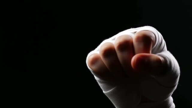 Clenched bandaged fist held forward against black background in closeup view