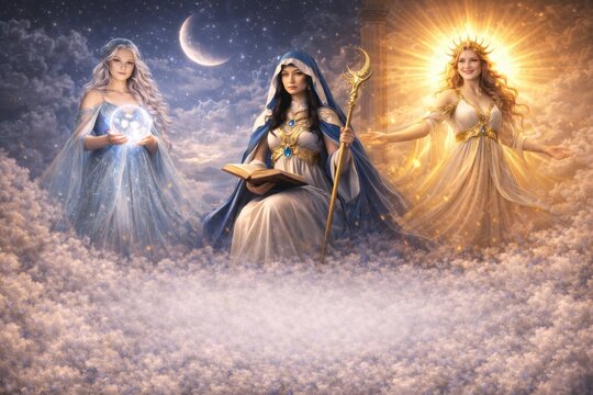 Three mystical fantasy goddesses above glowing clouds with moonlight sunlight and magical powers