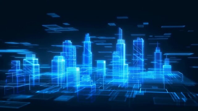 Futuristic wireframe city skyline glowing blue against a dark digital grid background