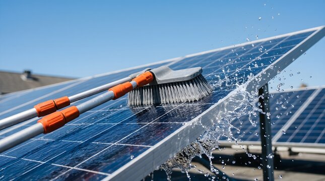 Washing photovoltaic solar panels with water and a scrubbing brush on a residential rooftop for renewable energy system optimization and maintenance services concept.