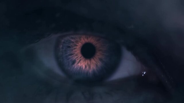 Human eye with copper iris in extreme closeup under moody blue lighting
