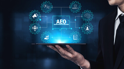 Naklejka premium Modern Businessman Displaying Digital Interface with Gears, Icons, and Data Connections Representing Automation and Technology in Business Operations. Glyphic.