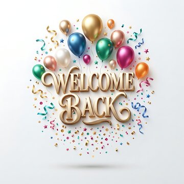 Welcome back celebratory text with colorful balloons, golden ribbons, and festive confetti isolated on white background