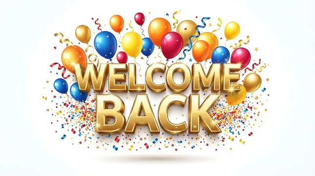 Welcome back 3d gold text with colorful balloons and confetti isolated on white background