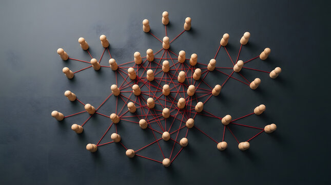 3D wooden human figurines connected in circular network pattern on dark background