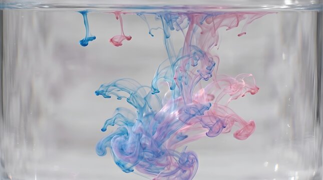 Blue and pink ink swirling in clear water to form abstract fluid patterns