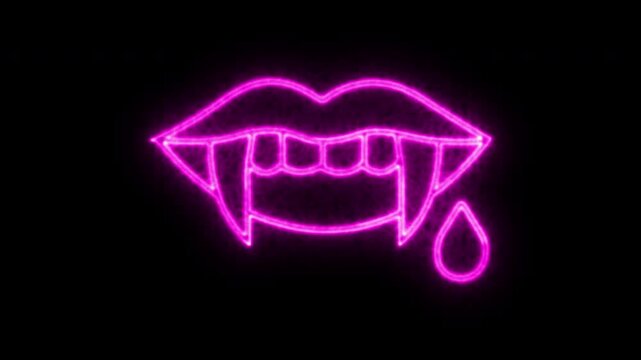 Bright neon pink vampire mouth with sharp fangs and a dripping drop of blood animation light effect.
