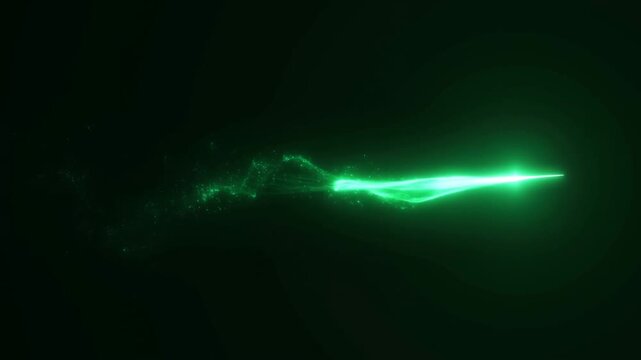 Glowing green energy streak extends rightward through dark space with sparkling particles