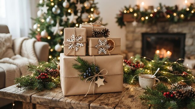 Stack of christmas gifts wrapped in brown paper with rustic decorations on a wooden table with a festive tree and fireplace in the background